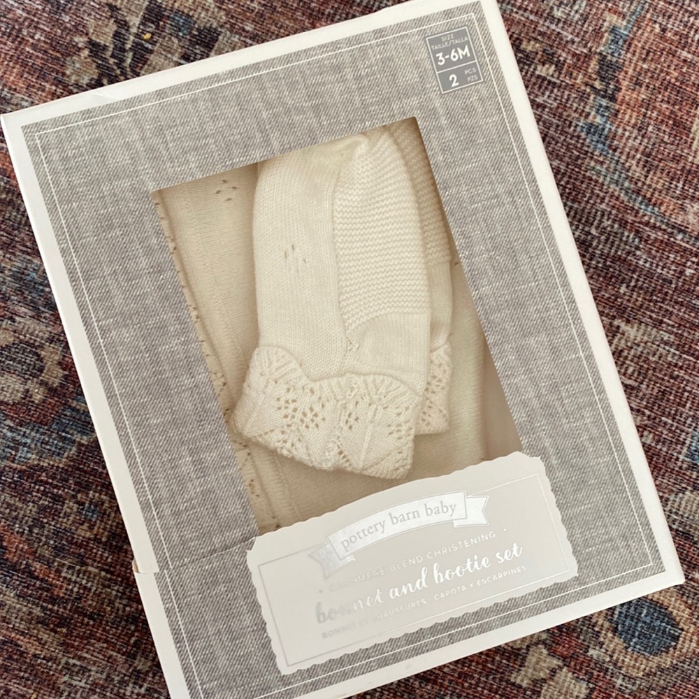 New Pottery Barn Kids cashmere blend baby bonet and socks set 3-6 months.